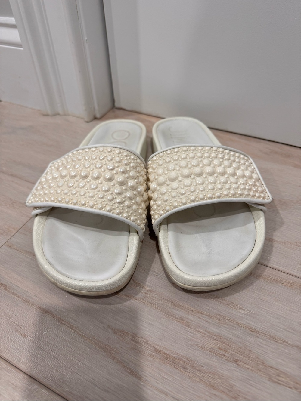 Jimmy Choo Pearl-Embellished Cream Pool Slide Sandals